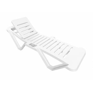 High-angle view of a white Mast sun lounger showcasing its durable polypropylene frame and integrated storage box.