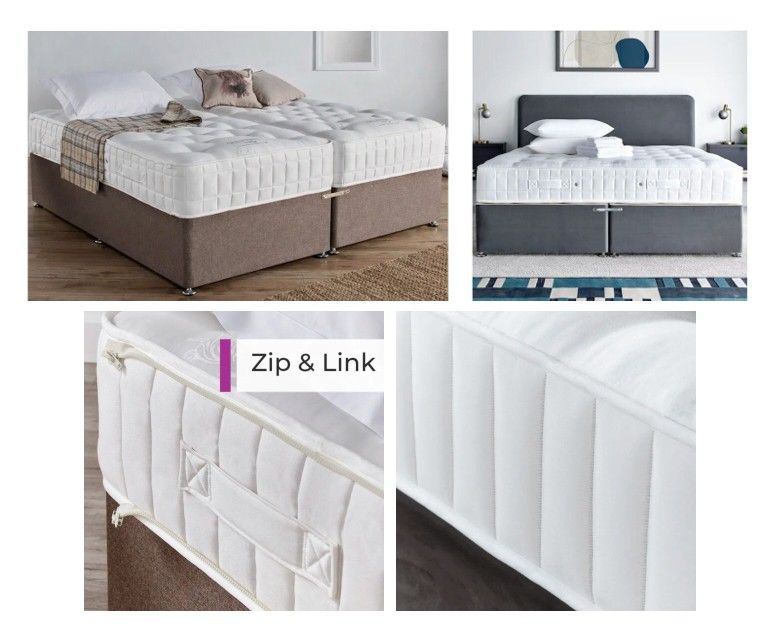 Split hotel mattresses with Zip & Link mechanism shown in full bed sets and close-up detail.