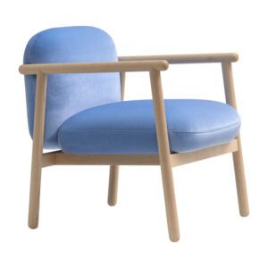 Torri lounge chair featuring a light wood frame and soft, light blue upholstered seat and back in a side profile view.