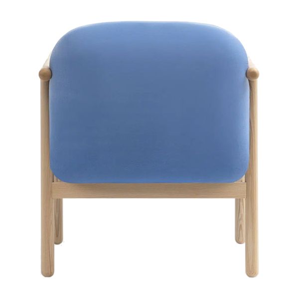 Rear view of the Torri lounge chair showing a natural wood frame and bright blue upholstered back against a white background.