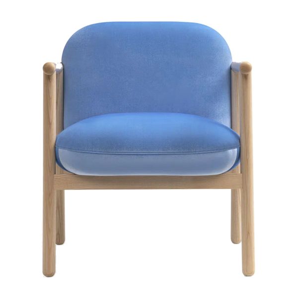 Front view of the Torri lounge chair featuring a sturdy natural wood frame and plush, vibrant blue upholstered seating.
