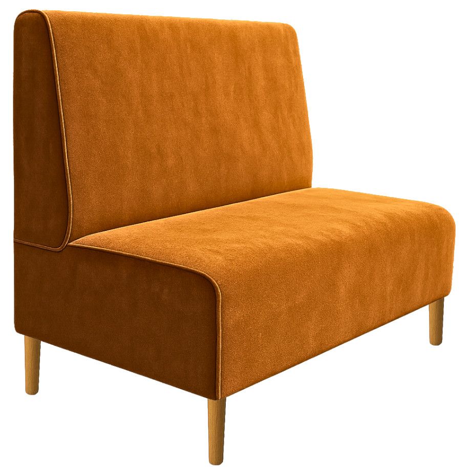 Plain Bench Banquette in burnt orange velvet upholstery with tapered wooden legs, shown from a side angle.