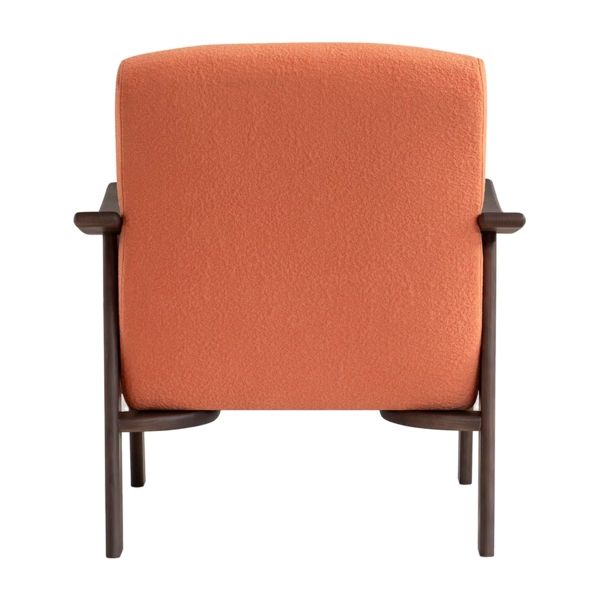 Rear view of the Torri Lounge Chair showing the orange fabric backrest and sleek dark wooden frame on a white background.