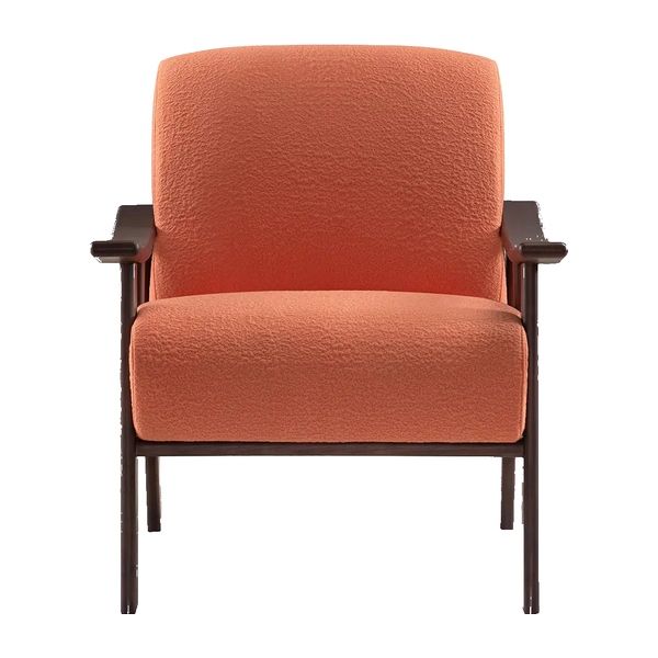 Direct front view of the Torri Lounge Chair featuring soft orange textured upholstery and a dark wooden frame.