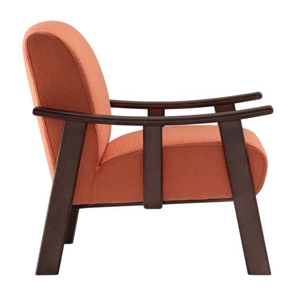 Profile shot of the Torri Lounge Chair, highlighting the curved wooden armrests and vibrant orange upholstered seat.
