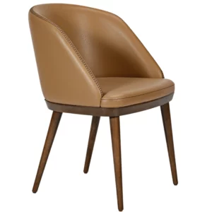 Close-up of the Amara armchair showing tan leather upholstery with decorative edge stitching and dark tapered wood legs.
