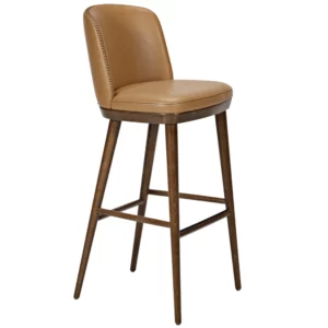 Amara lounge bar chair featuring tan leather upholstery and dark timber legs, shown from a front three-quarter view.