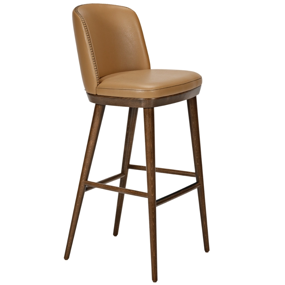 Amara lounge bar chair featuring tan leather upholstery and dark timber legs, shown from a front three-quarter view.