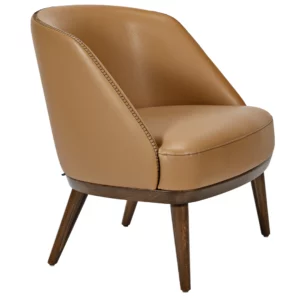 Amara Lounge Chair featuring tan leather upholstery, stitched detailing, and dark wood legs in a side-angle view.