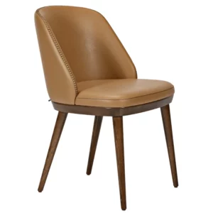 Amara side chair shown in a three-quarter view, featuring smooth tan upholstery, piped detailing, and dark wood legs.