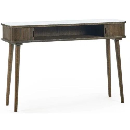 Ayra Console Table isolated on white, showcasing its mid-century profile, dark wood grain, and central open compartment.