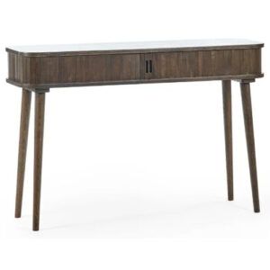 Ayra Console Table in dark wood with a sleek slatted drawer front and four tapered legs, viewed from the front.