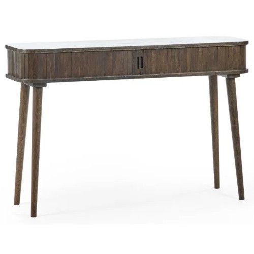 Ayra Console Table in dark wood with a sleek slatted drawer front and four tapered legs, viewed from the front.