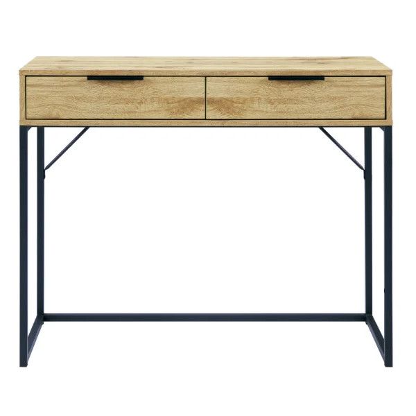 Bali Console Table featuring a natural oak wood finish, dual drawers with slim black pulls, and an industrial metal base.