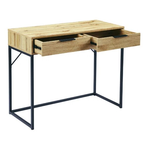 Bali Console Table showing both storage drawers extended, highlighting the oak-effect timber and dark frame construction.