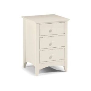 Cameo 3 drawer bedside table in stone-white lacquered pine with a classic shaker profile, shown from a front angle.