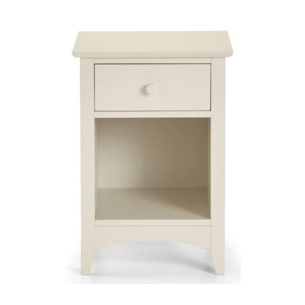 Front view of the Cameo 1 Draw Bedside unit, featuring a neutral off-white frame, simple knob handle, and arched base.