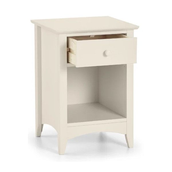 Cameo 1 Draw Bedside unit shown from a three-quarter angle with its wooden drawer pulled open, highlighting the interior.