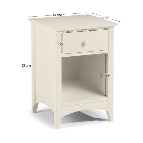 Detailed technical drawing of the Cameo 1 Draw Bedside table showing precise dimensions for width, height, and depth.