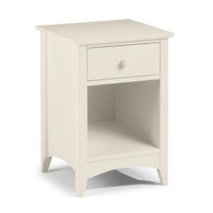 Cameo 1 Draw Bedside table in cream finish with one drawer, open storage shelf, and tapered legs on a white background.