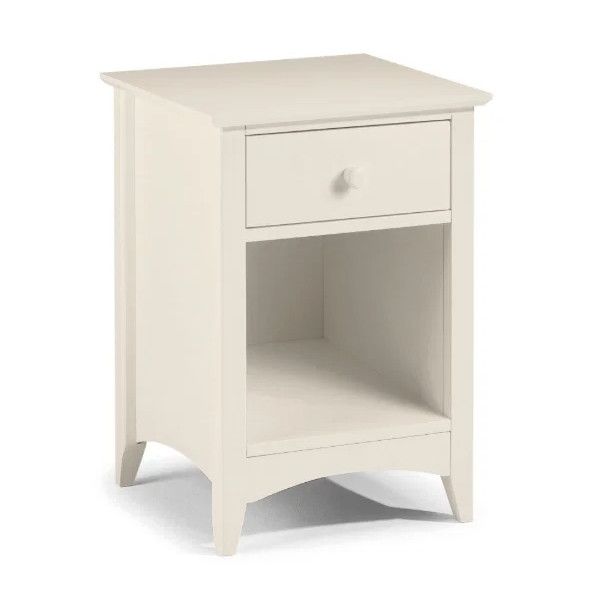 Cameo 1 Draw Bedside table in cream finish with one drawer, open storage shelf, and tapered legs on a white background.
