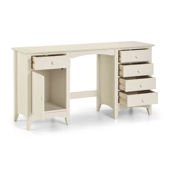 Cameo dressing table with open cabinet door and extended drawers, showcasing organized storage against white background.