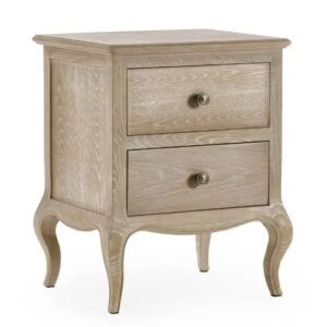 Camille bedside table in light wood finish with two drawers, curved cabriole legs, and metal knobs, studio view.