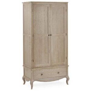 Cameo wardrobe in light wood finish featuring two shaker-style doors, a single bottom drawer, and elegant cabriole legs.