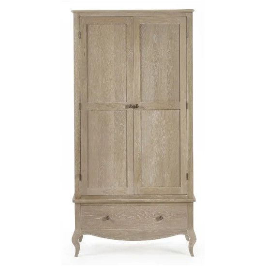 Full-front view of the Cameo wardrobe in a light oak finish, featuring two tall panelled doors above a single base drawer.