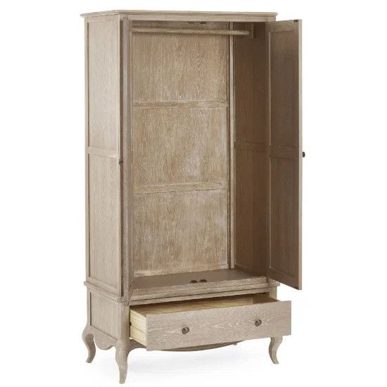 Cameo wardrobe shown with doors open to reveal hanging rail, featuring a rustic wood finish and single base drawer.