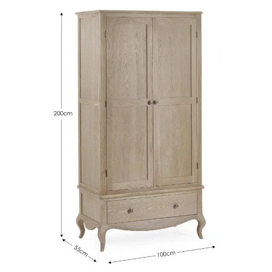 Cameo wardrobe shown with clear 200cm by 100cm by 55cm dimension labels on a light wood grain finish, front view.