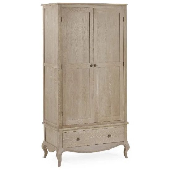 Cameo wardrobe in light wood finish featuring two shaker-style doors, a single bottom drawer, and elegant cabriole legs.