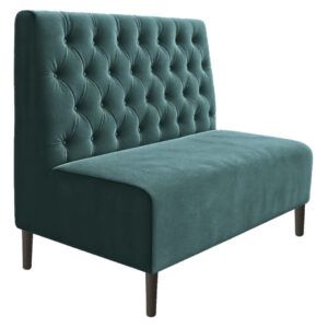Chester Bench Banquette in teal velvet with diamond tufted backrest and dark wooden legs, shown from a side angle.