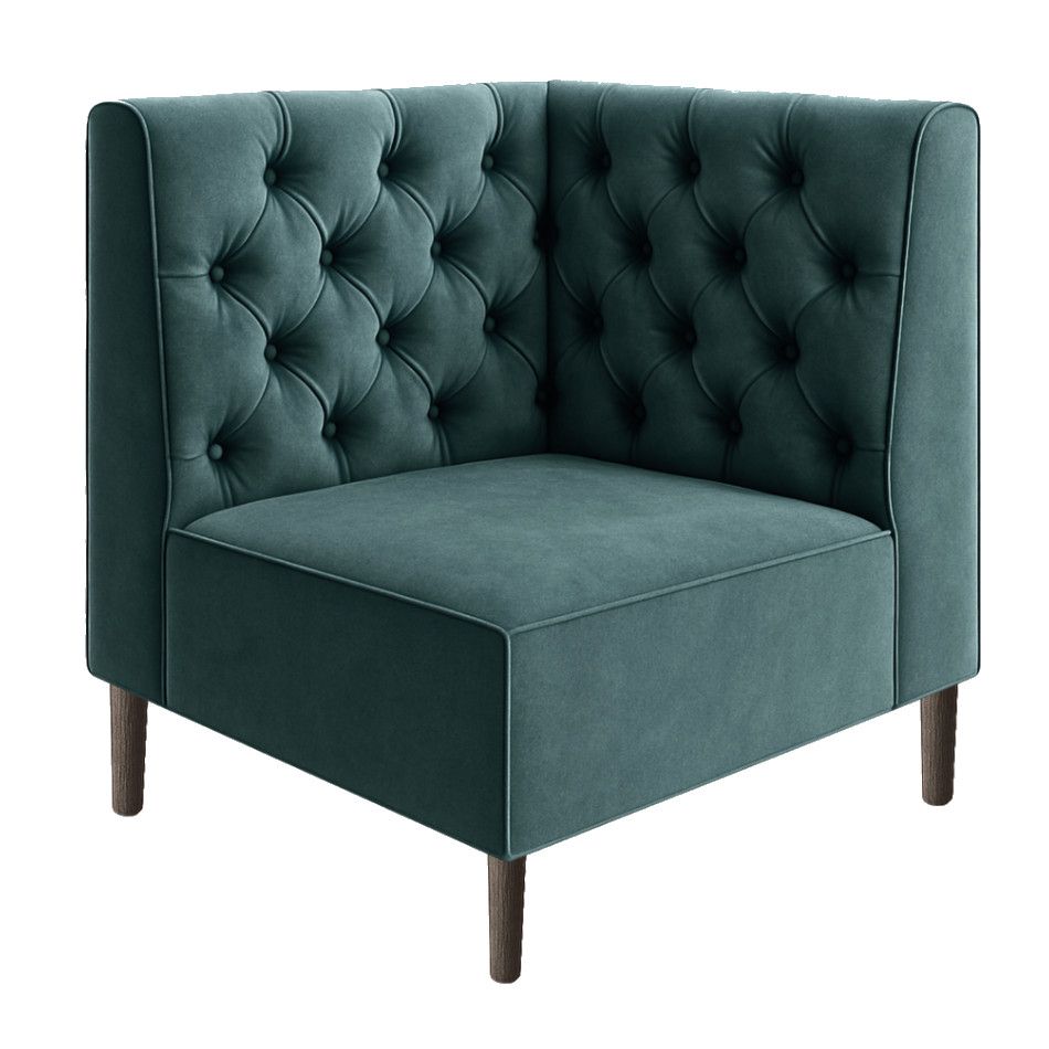 Corner view of a Chester Bench Banquette featuring emerald upholstery with diamond button tufting and tapered wood legs.
