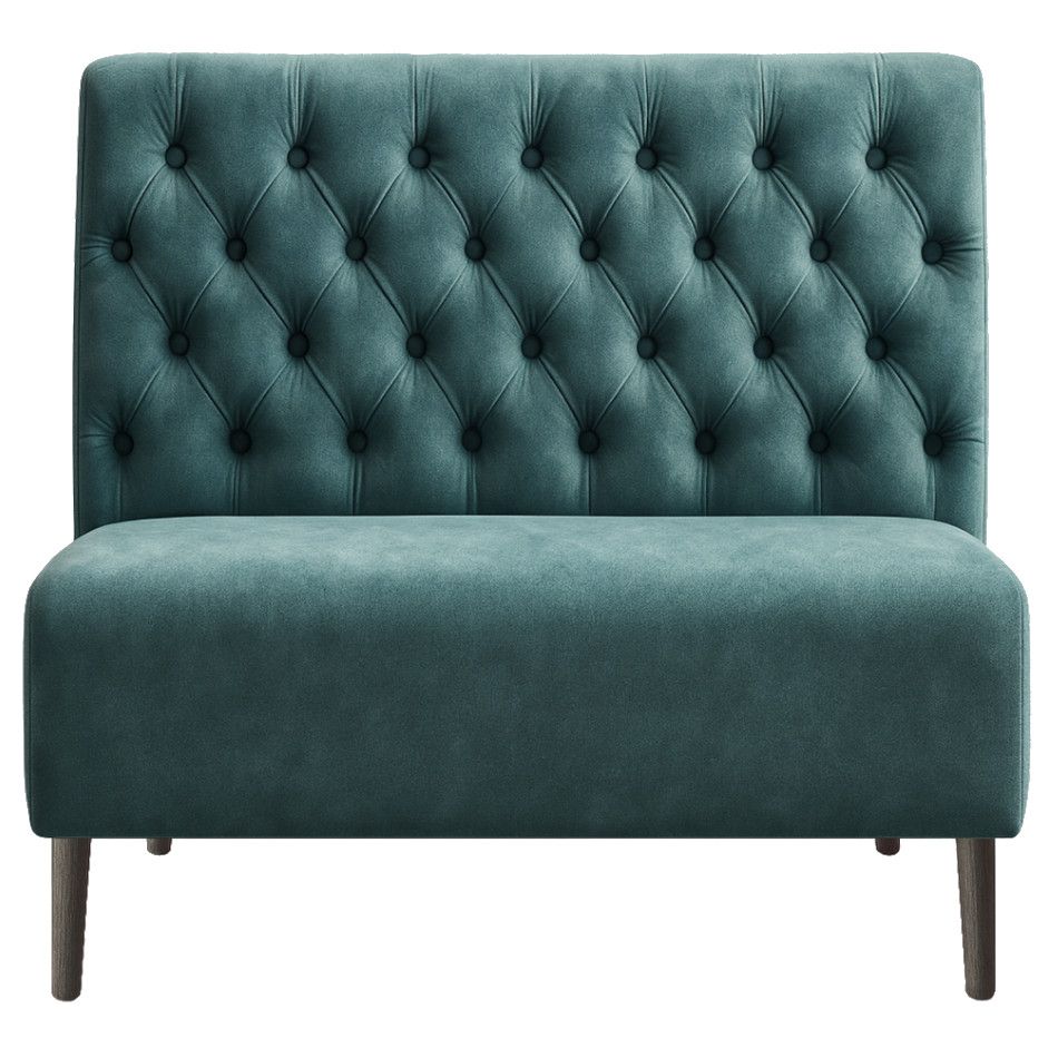 Front view of a Chester Bench Banquette with teal fabric, showcasing a button-tufted backrest and dark wooden legs.