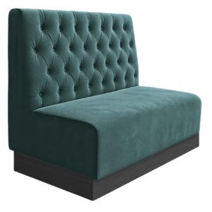 Chester Plinth Banquette in teal velvet with button-tufted backrest and dark wooden plinth base, side angle view.