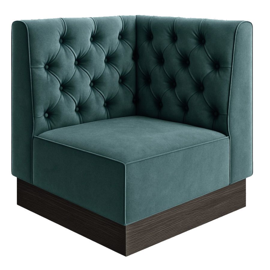 Corner Chester Plinth Banquette featuring teal velvet upholstery and a deep button-tufted back in a front-facing view.