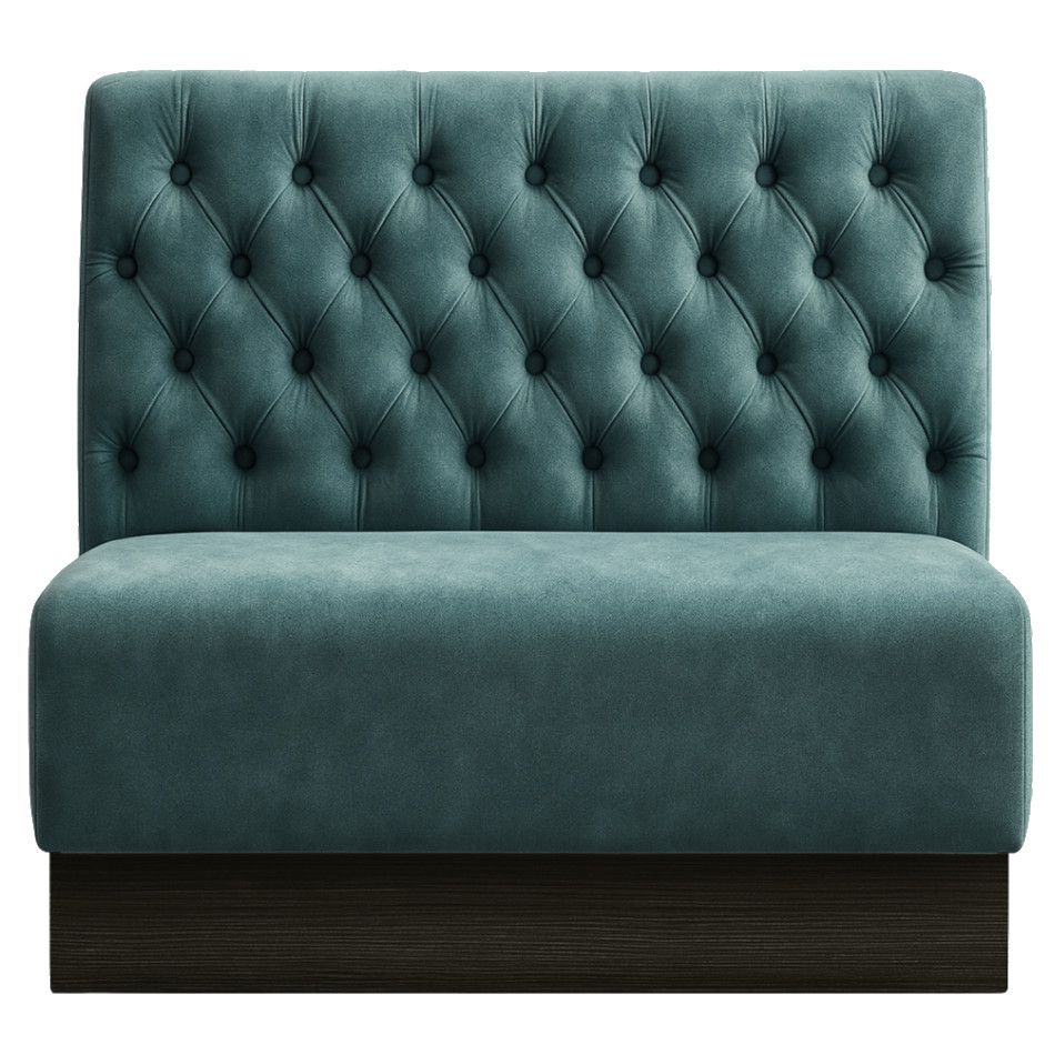 Close-up of the Chester Plinth Banquette showing detailed tufted teal upholstery on a dark solid wood base.