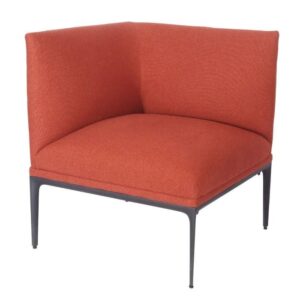 Contemporary Chicago modular corner sofa module in vibrant orange fabric with a minimalist black metal base.