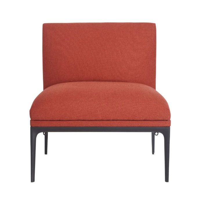 Front-facing view of a Milo armchair with deep orange textured upholstery set on a minimalist black metal frame.