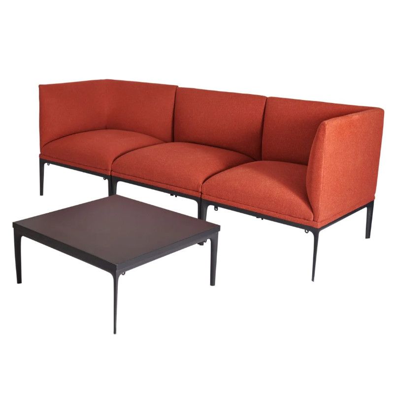Chicago Modular Sofa in rust fabric with a matching square side table, featuring a sleek black metal frame.