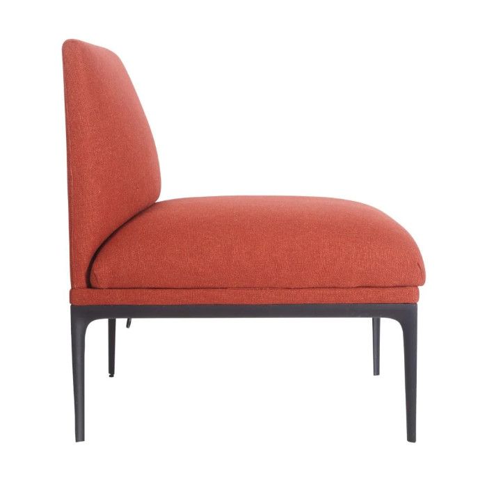 Profile view of the Milo armchair featuring a vibrant rust-colored fabric seat atop a sturdy black metal four-leg base.
