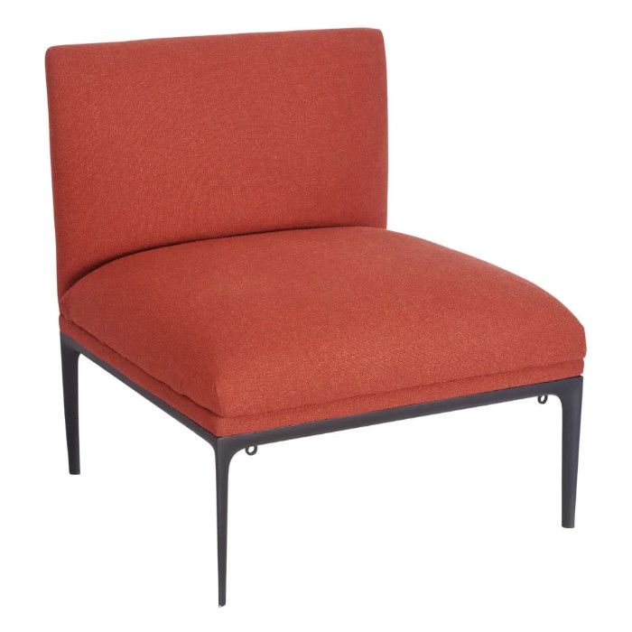 Modern armless accent chair with rust-orange upholstered seat and back on a sleek black metal four-legged frame.