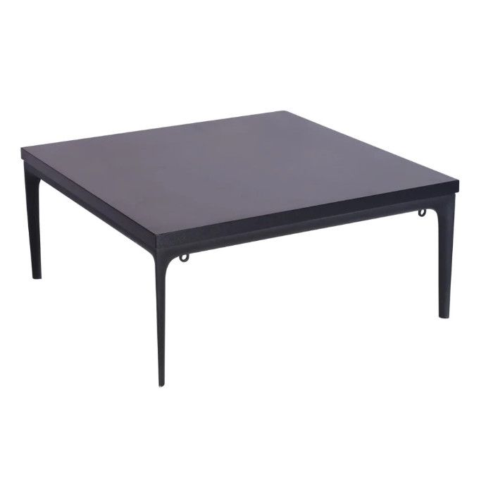 Chicago Modular Table with a square black laminate top and sleek four-legged black metal frame in a studio view.