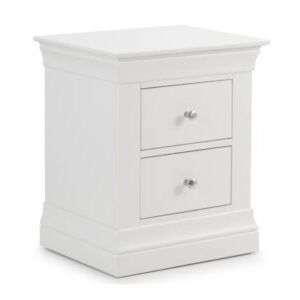 White Camille bedside table with two drawers, featuring a French-inspired design and silver knobs on a white background.