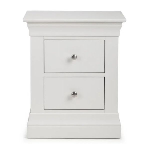 Front view of a white Camille bedside table with two storage drawers, elegant crown molding, and round metal pulls.