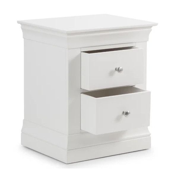 Camille bedside table in white with two drawers pulled open, showing the lacquered frame and detailed molding.