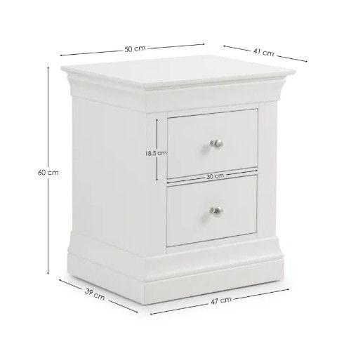 Technical dimension diagram of the Camille bedside table in white, showing height, width, and drawer measurements.