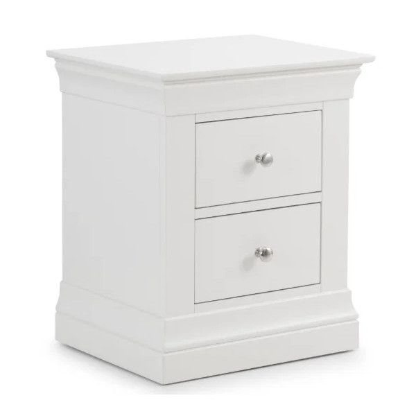 White Camille bedside table with two drawers, featuring a French-inspired design and silver knobs on a white background.