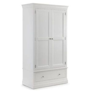 Stone-white Camille wardrobe with double doors and a lower drawer, featuring traditional ornate wooden detailing.